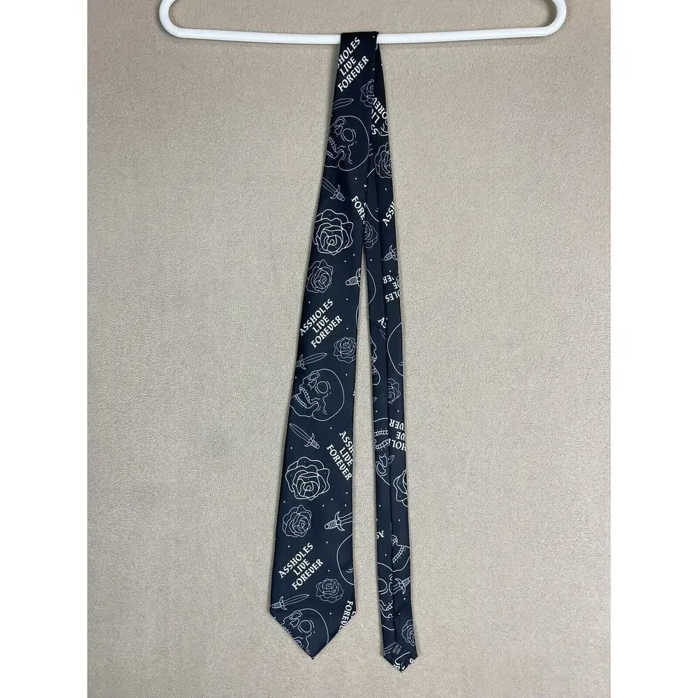 Assholes*s Live Forever Tie Black Skull Roses Sword‎ Adult
